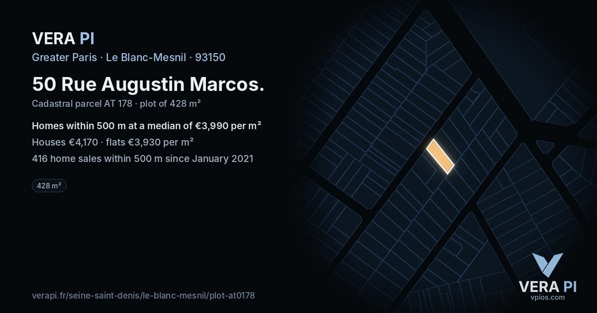 50 Rue Augustin Marcos, Le Blanc-Mesnil at night – the plot lit, the parcels around coloured by the prices near them