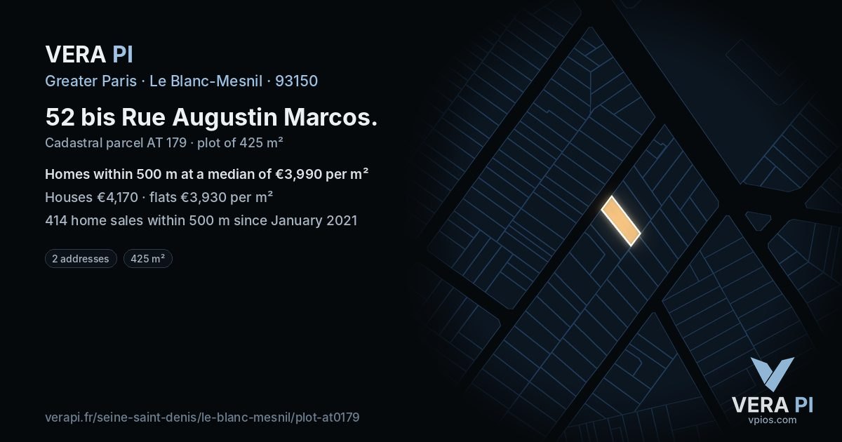 52 bis Rue Augustin Marcos, Le Blanc-Mesnil at night – the plot lit, the parcels around coloured by the prices near them