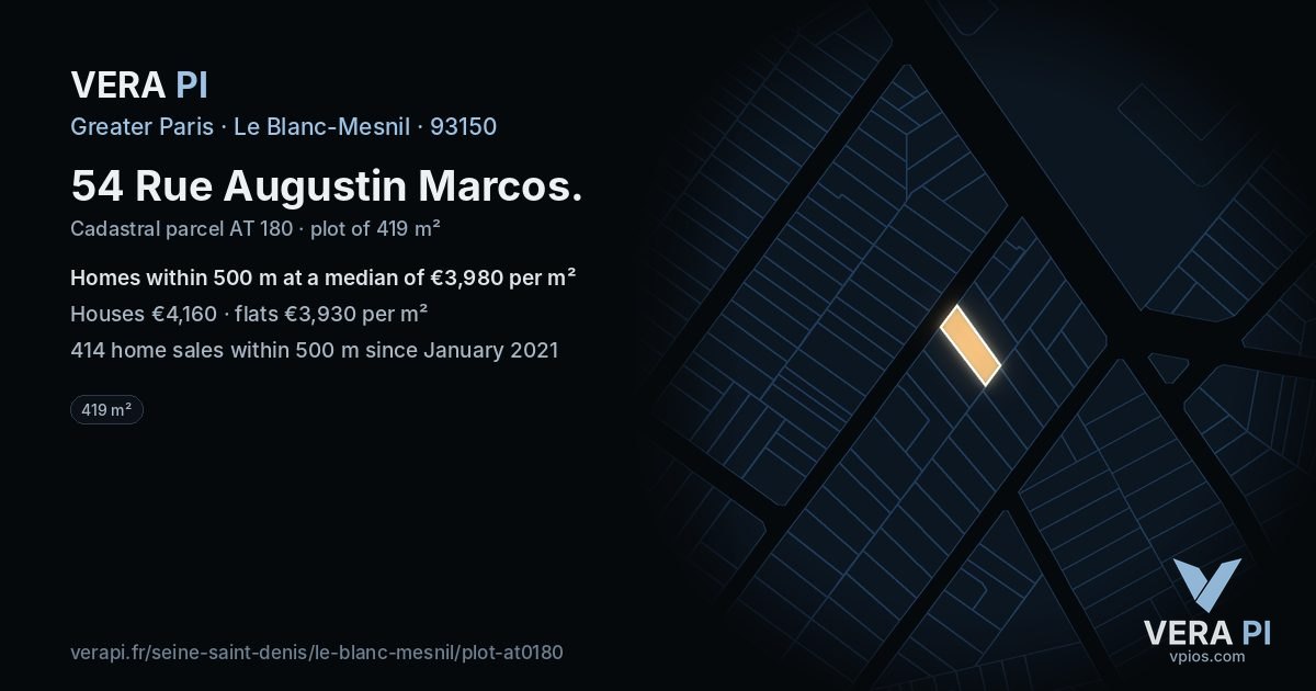 54 Rue Augustin Marcos, Le Blanc-Mesnil at night – the plot lit, the parcels around coloured by the prices near them