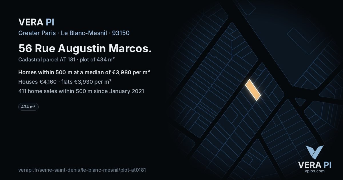 56 Rue Augustin Marcos, Le Blanc-Mesnil at night – the plot lit, the parcels around coloured by the prices near them