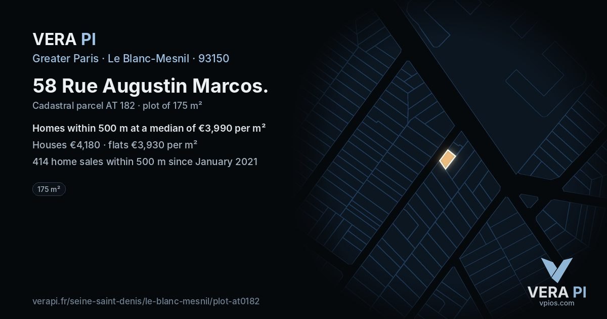 58 Rue Augustin Marcos, Le Blanc-Mesnil at night – the plot lit, the parcels around coloured by the prices near them
