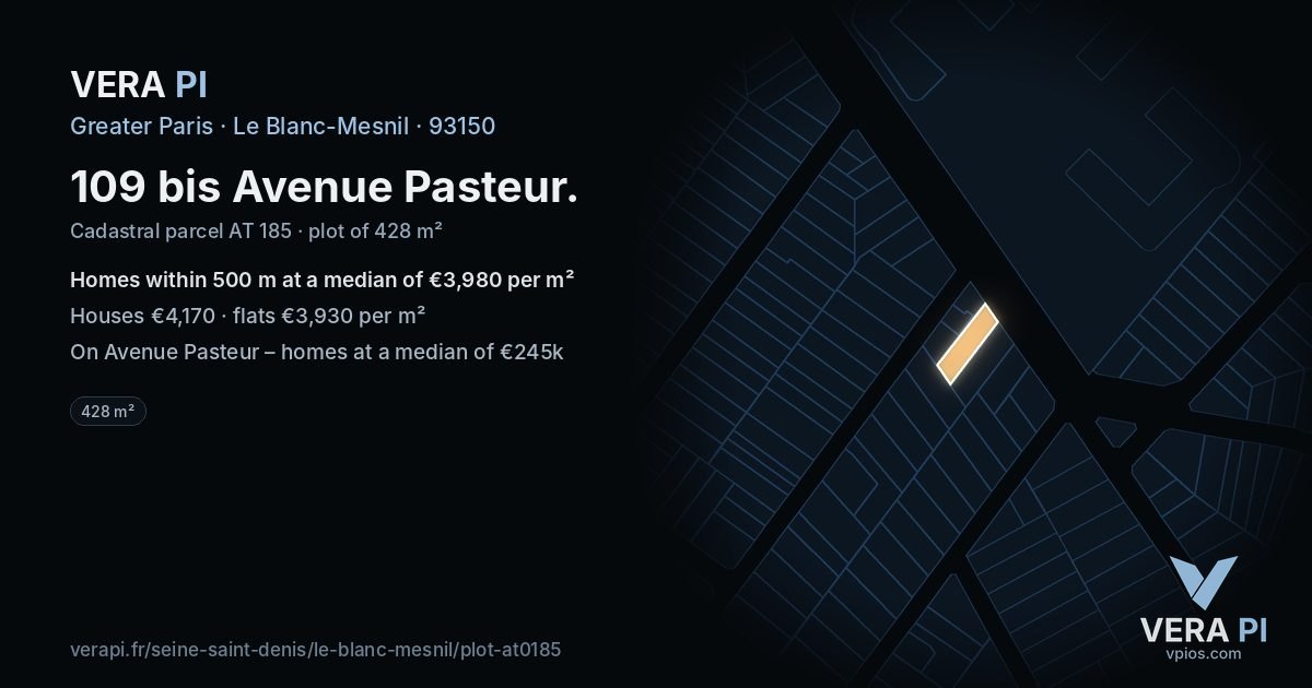 109 bis Avenue Pasteur, Le Blanc-Mesnil at night – the plot lit, the parcels around coloured by the prices near them