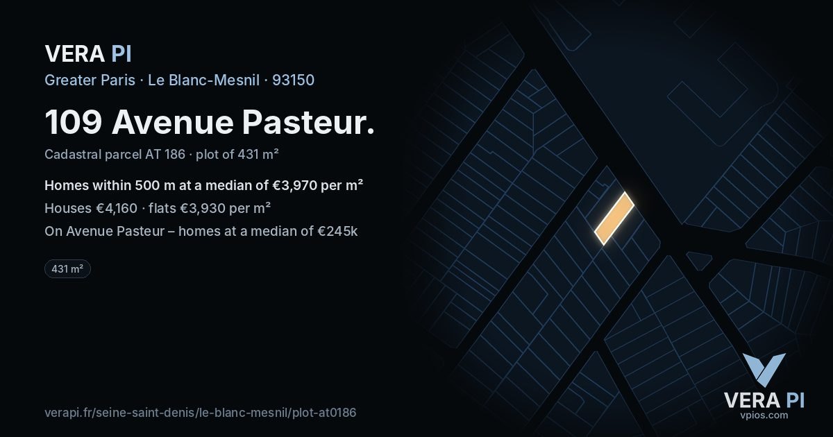 109 Avenue Pasteur, Le Blanc-Mesnil at night – the plot lit, the parcels around coloured by the prices near them