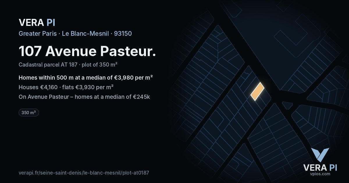 107 Avenue Pasteur, Le Blanc-Mesnil at night – the plot lit, the parcels around coloured by the prices near them