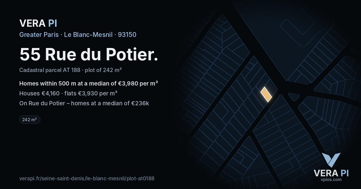 55 Rue du Potier, Le Blanc-Mesnil at night – the plot lit, the parcels around coloured by the prices near them