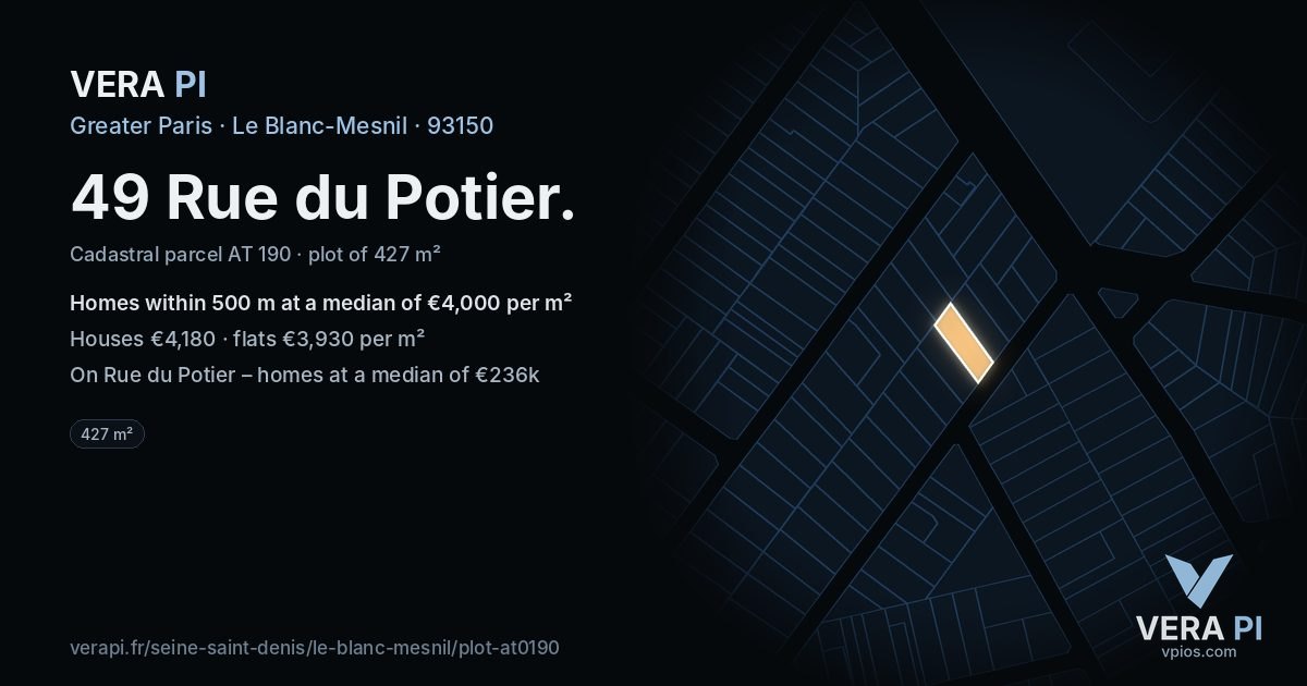 49 Rue du Potier, Le Blanc-Mesnil at night – the plot lit, the parcels around coloured by the prices near them