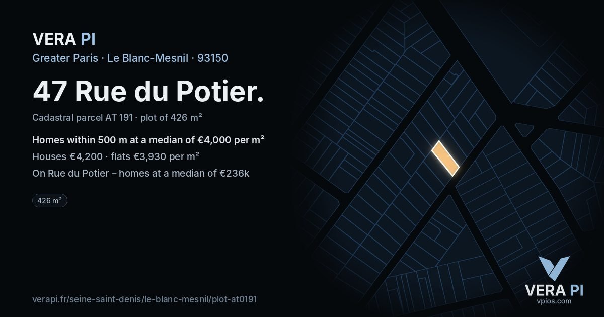 47 Rue du Potier, Le Blanc-Mesnil at night – the plot lit, the parcels around coloured by the prices near them