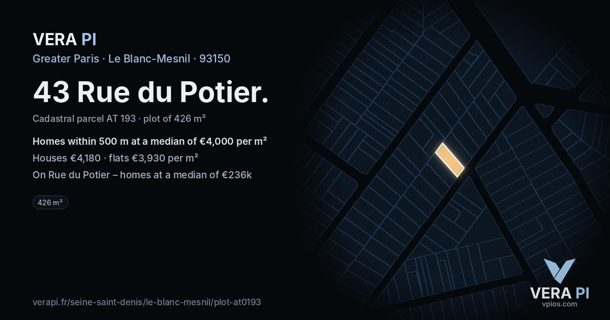 43 Rue du Potier, Le Blanc-Mesnil at night – the plot lit, the parcels around coloured by the prices near them