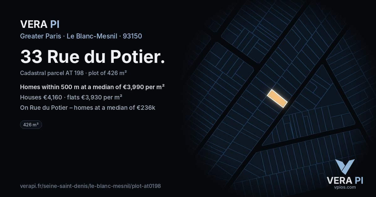 33 Rue du Potier, Le Blanc-Mesnil at night – the plot lit, the parcels around coloured by the prices near them