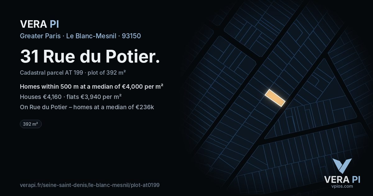 31 Rue du Potier, Le Blanc-Mesnil at night – the plot lit, the parcels around coloured by the prices near them