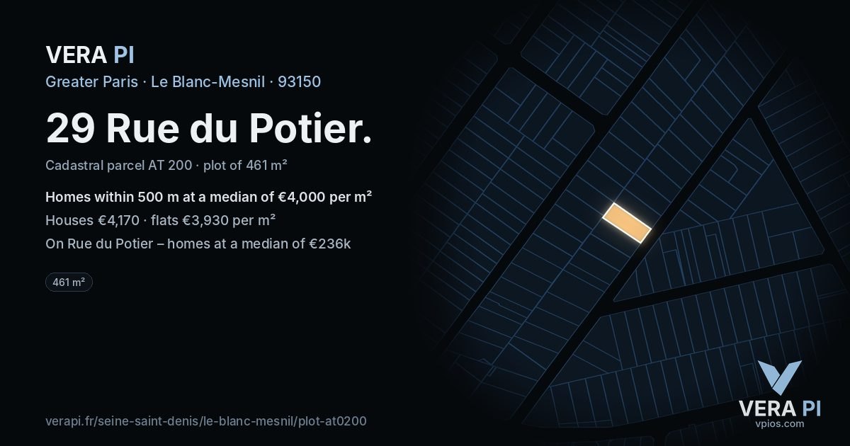 29 Rue du Potier, Le Blanc-Mesnil at night – the plot lit, the parcels around coloured by the prices near them