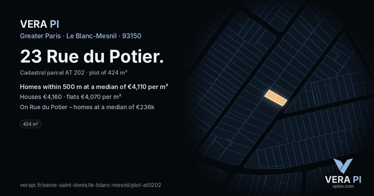 23 Rue du Potier, Le Blanc-Mesnil at night – the plot lit, the parcels around coloured by the prices near them