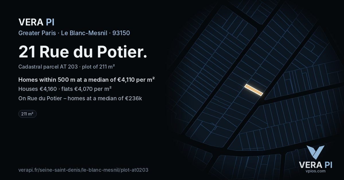 21 Rue du Potier, Le Blanc-Mesnil at night – the plot lit, the parcels around coloured by the prices near them