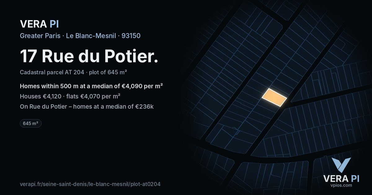 17 Rue du Potier, Le Blanc-Mesnil at night – the plot lit, the parcels around coloured by the prices near them
