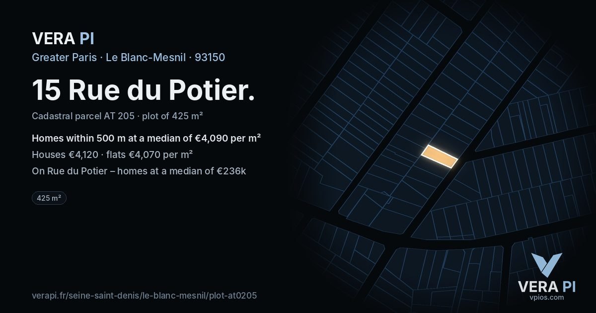 15 Rue du Potier, Le Blanc-Mesnil at night – the plot lit, the parcels around coloured by the prices near them
