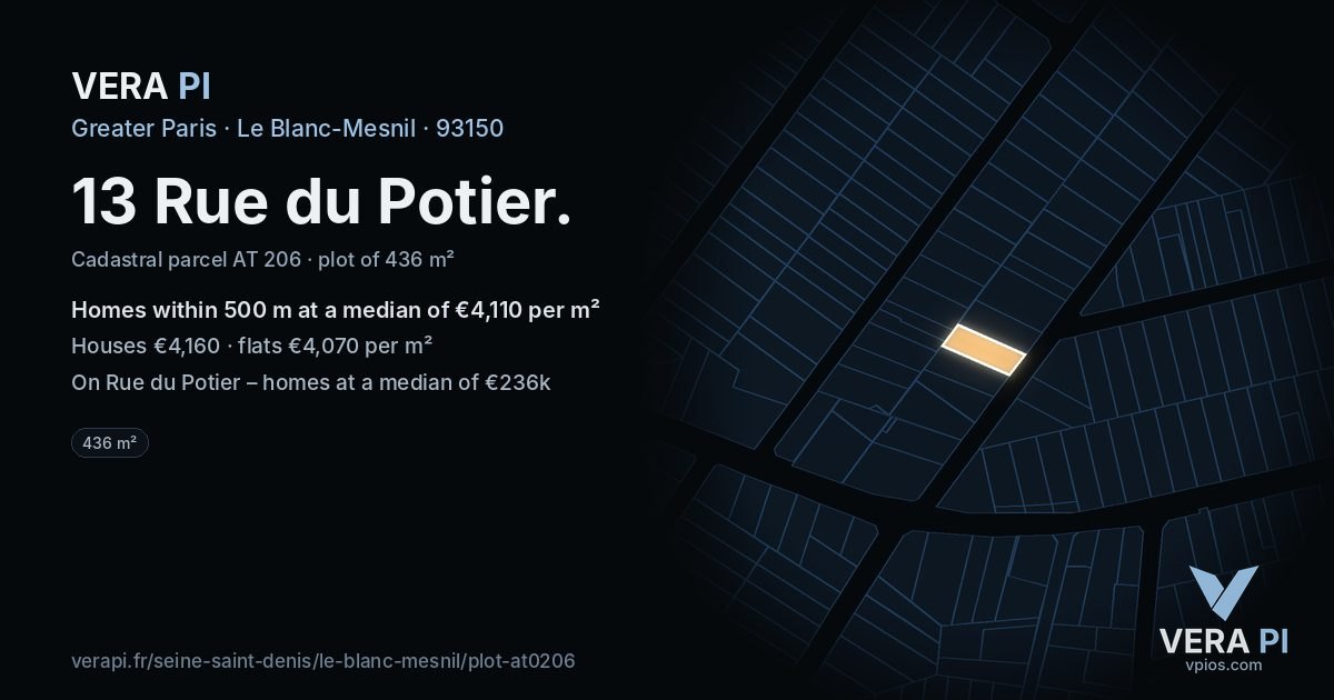13 Rue du Potier, Le Blanc-Mesnil at night – the plot lit, the parcels around coloured by the prices near them
