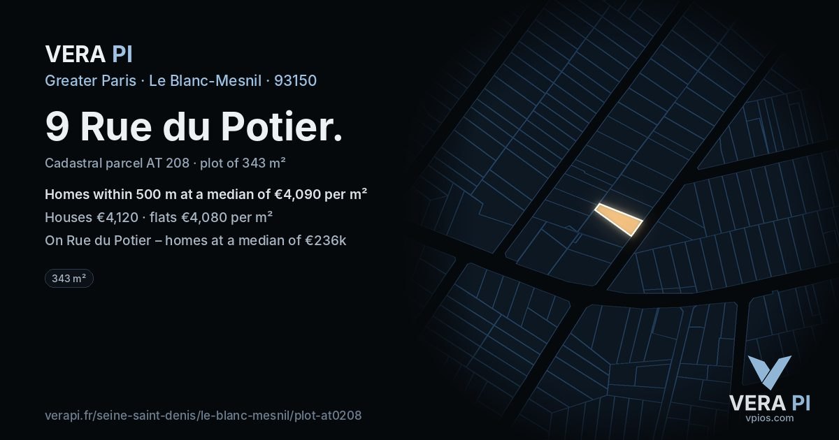 9 Rue du Potier, Le Blanc-Mesnil at night – the plot lit, the parcels around coloured by the prices near them