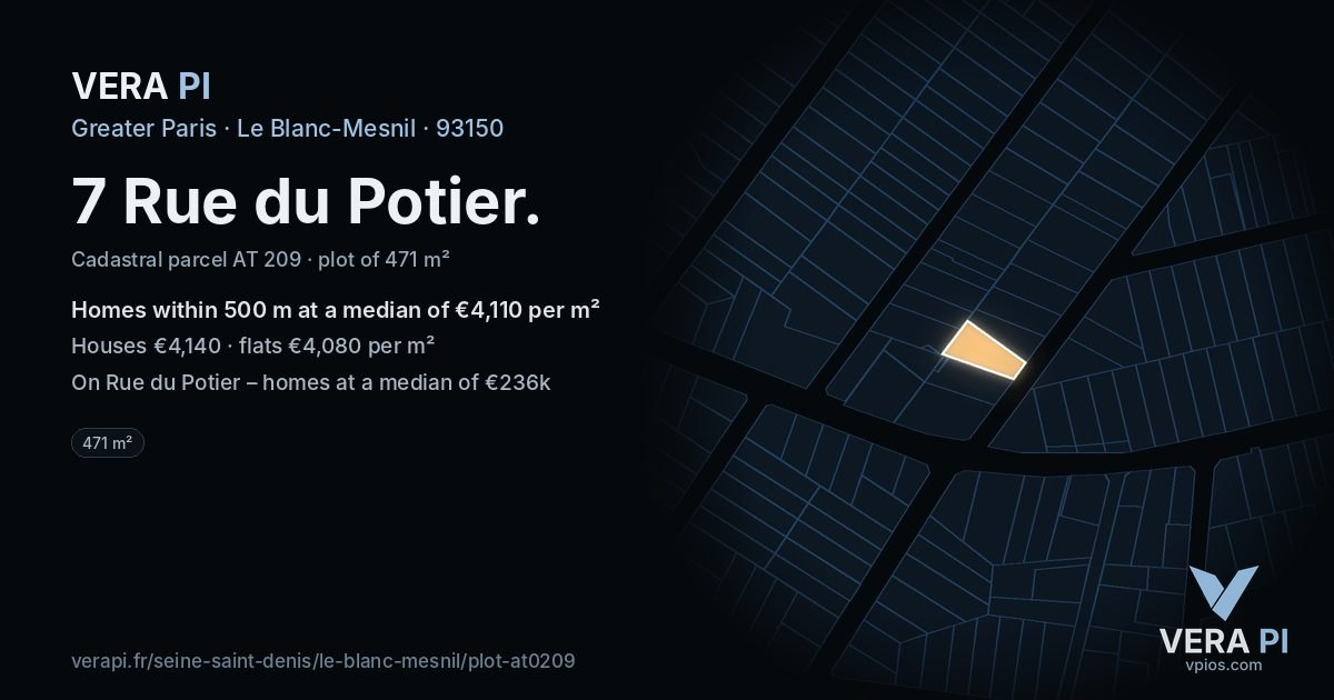 7 Rue du Potier, Le Blanc-Mesnil at night – the plot lit, the parcels around coloured by the prices near them