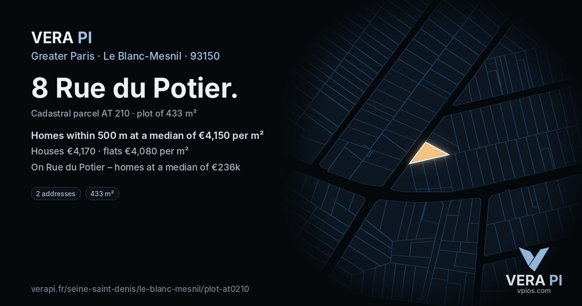 8 Rue du Potier, Le Blanc-Mesnil at night – the plot lit, the parcels around coloured by the prices near them