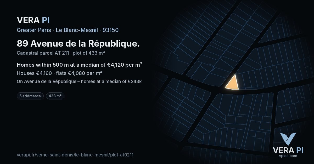 89 Avenue de la République, Le Blanc-Mesnil at night – the plot lit, the parcels around coloured by the prices near them