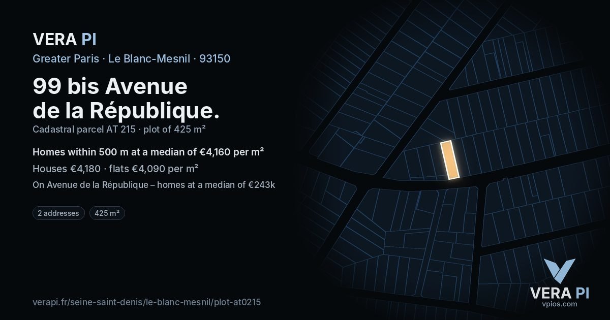 99 bis Avenue de la République, Le Blanc-Mesnil at night – the plot lit, the parcels around coloured by the prices near them