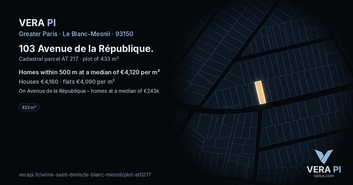 103 Avenue de la République, Le Blanc-Mesnil at night – the plot lit, the parcels around coloured by the prices near them