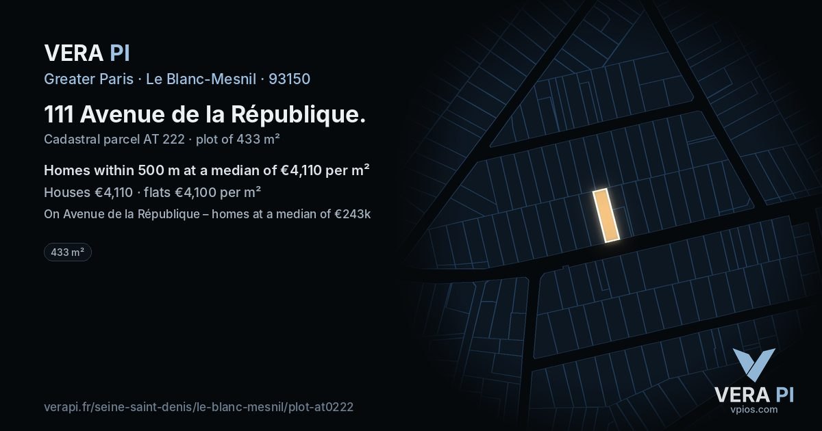 111 Avenue de la République, Le Blanc-Mesnil at night – the plot lit, the parcels around coloured by the prices near them