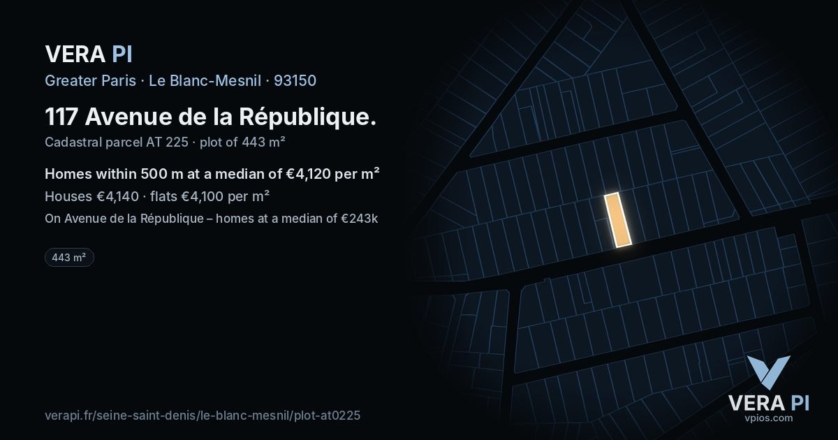 117 Avenue de la République, Le Blanc-Mesnil at night – the plot lit, the parcels around coloured by the prices near them