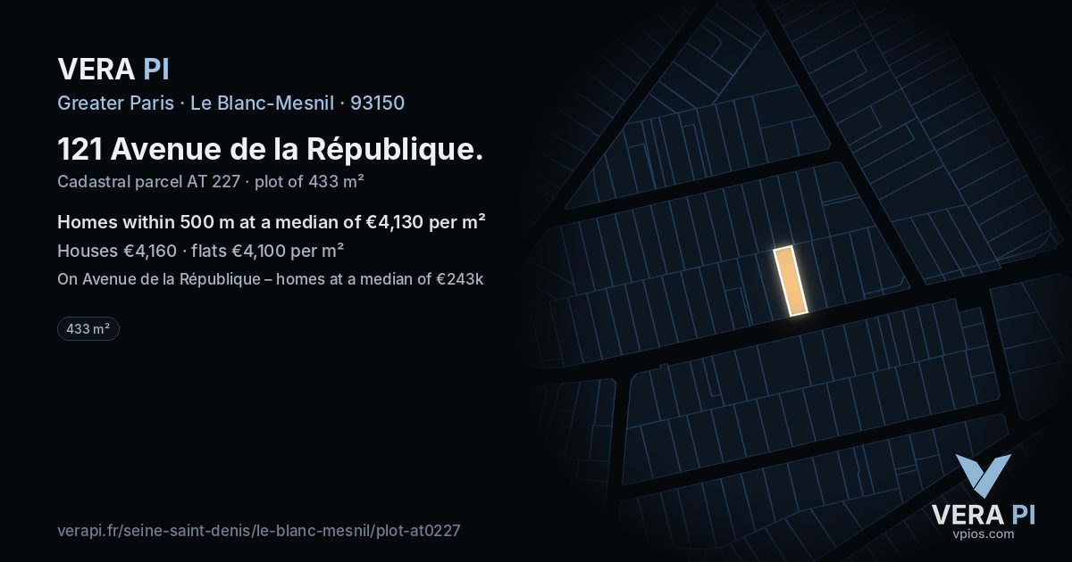 121 Avenue de la République, Le Blanc-Mesnil at night – the plot lit, the parcels around coloured by the prices near them