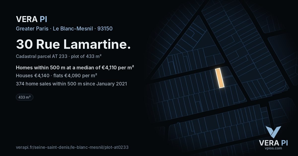 30 Rue Lamartine, Le Blanc-Mesnil at night – the plot lit, the parcels around coloured by the prices near them