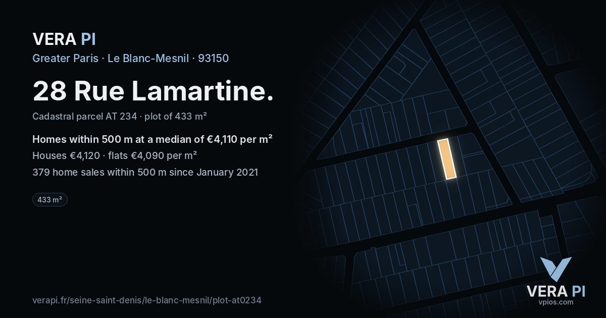 28 Rue Lamartine, Le Blanc-Mesnil at night – the plot lit, the parcels around coloured by the prices near them