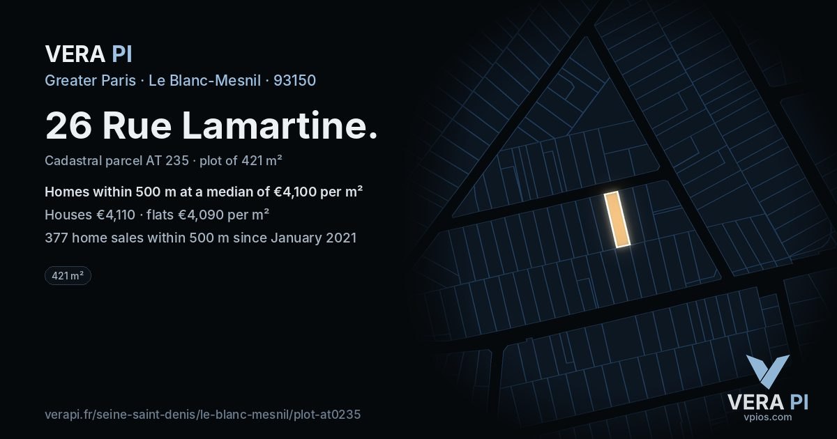 26 Rue Lamartine, Le Blanc-Mesnil at night – the plot lit, the parcels around coloured by the prices near them