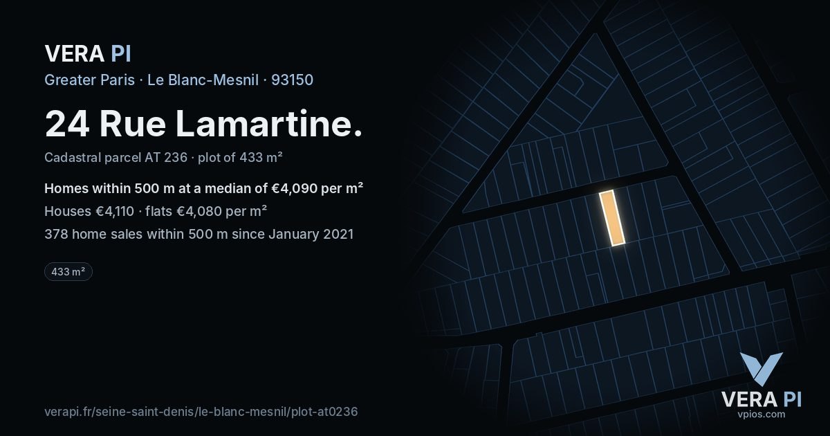 24 Rue Lamartine, Le Blanc-Mesnil at night – the plot lit, the parcels around coloured by the prices near them