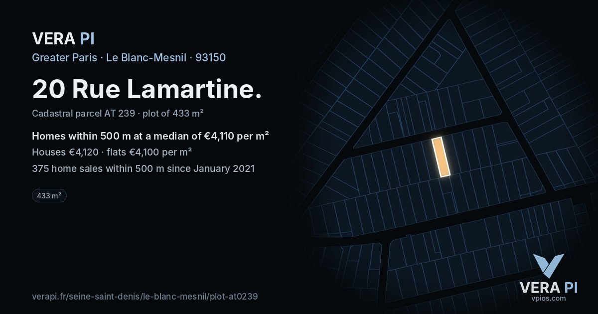 20 Rue Lamartine, Le Blanc-Mesnil at night – the plot lit, the parcels around coloured by the prices near them
