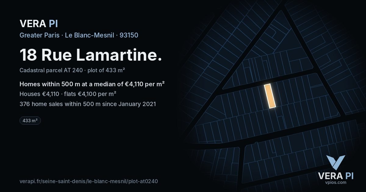 18 Rue Lamartine, Le Blanc-Mesnil at night – the plot lit, the parcels around coloured by the prices near them