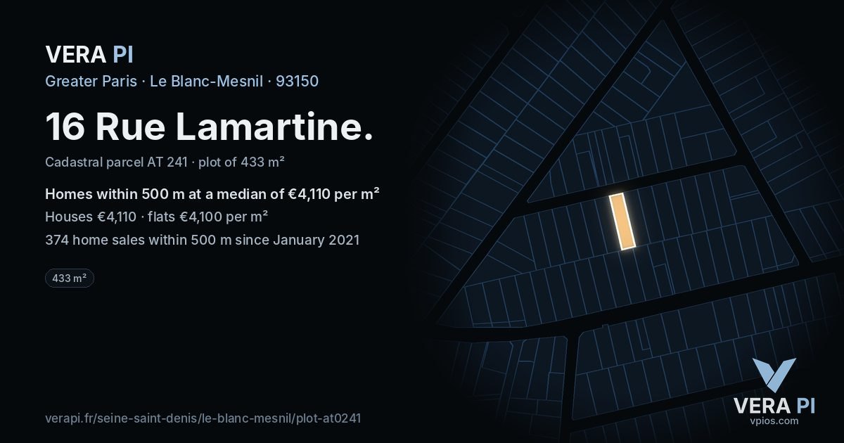 16 Rue Lamartine, Le Blanc-Mesnil at night – the plot lit, the parcels around coloured by the prices near them