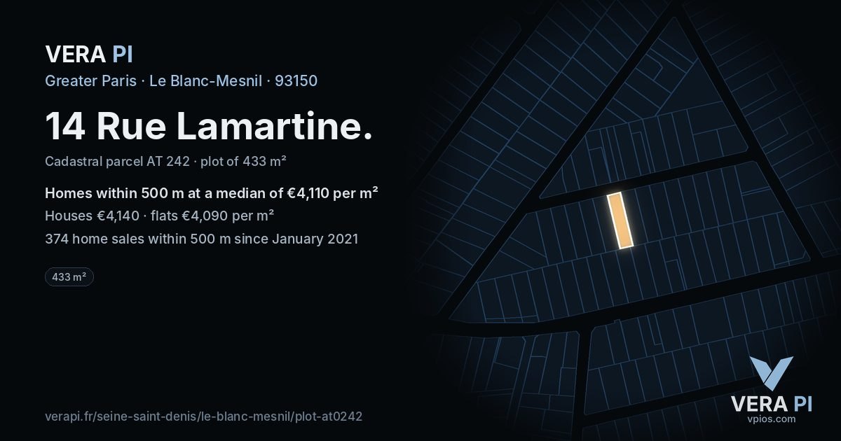 14 Rue Lamartine, Le Blanc-Mesnil at night – the plot lit, the parcels around coloured by the prices near them