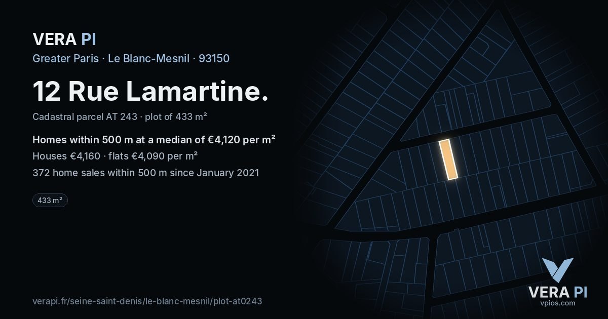 12 Rue Lamartine, Le Blanc-Mesnil at night – the plot lit, the parcels around coloured by the prices near them