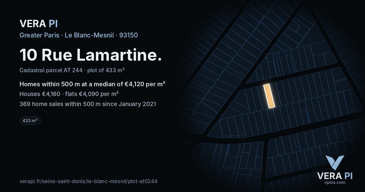 10 Rue Lamartine, Le Blanc-Mesnil at night – the plot lit, the parcels around coloured by the prices near them