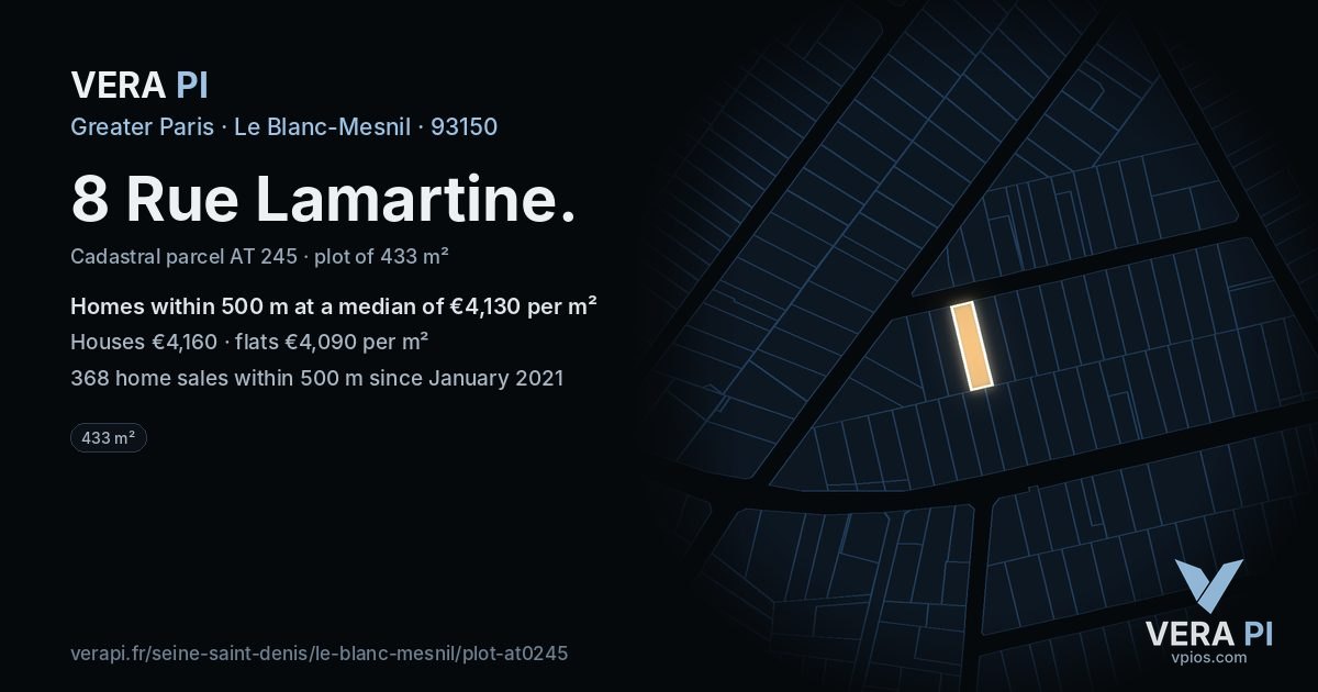8 Rue Lamartine, Le Blanc-Mesnil at night – the plot lit, the parcels around coloured by the prices near them