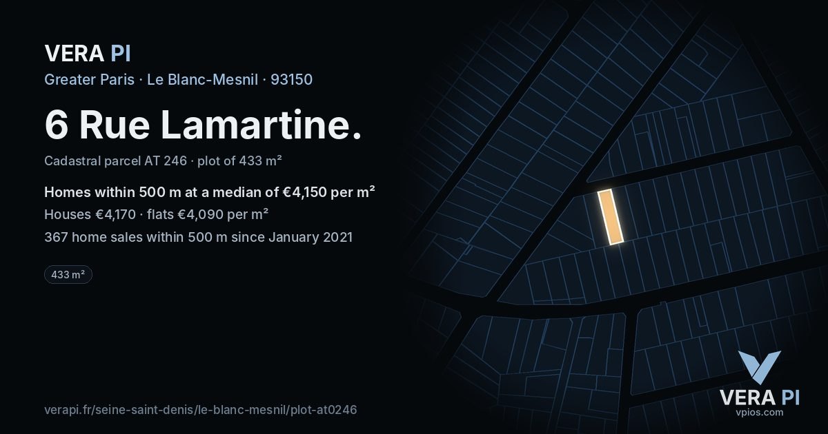 6 Rue Lamartine, Le Blanc-Mesnil at night – the plot lit, the parcels around coloured by the prices near them