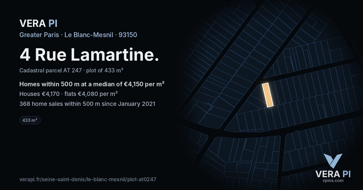 4 Rue Lamartine, Le Blanc-Mesnil at night – the plot lit, the parcels around coloured by the prices near them