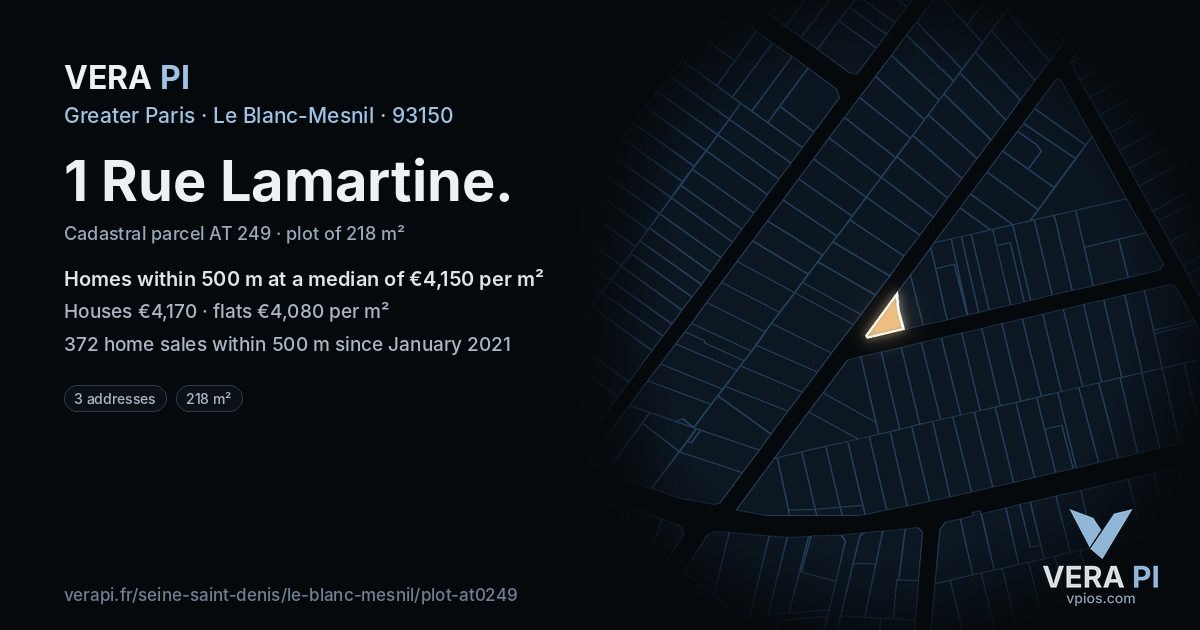 1 Rue Lamartine, Le Blanc-Mesnil at night – the plot lit, the parcels around coloured by the prices near them