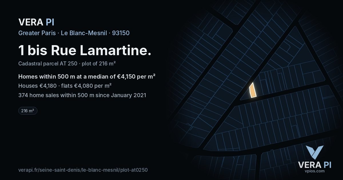 1 bis Rue Lamartine, Le Blanc-Mesnil at night – the plot lit, the parcels around coloured by the prices near them