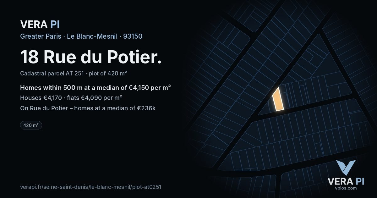 18 Rue du Potier, Le Blanc-Mesnil at night – the plot lit, the parcels around coloured by the prices near them