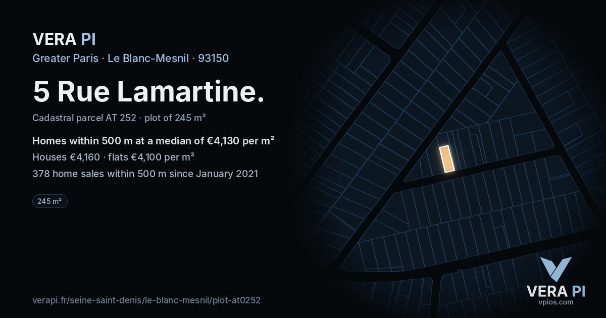 5 Rue Lamartine, Le Blanc-Mesnil at night – the plot lit, the parcels around coloured by the prices near them