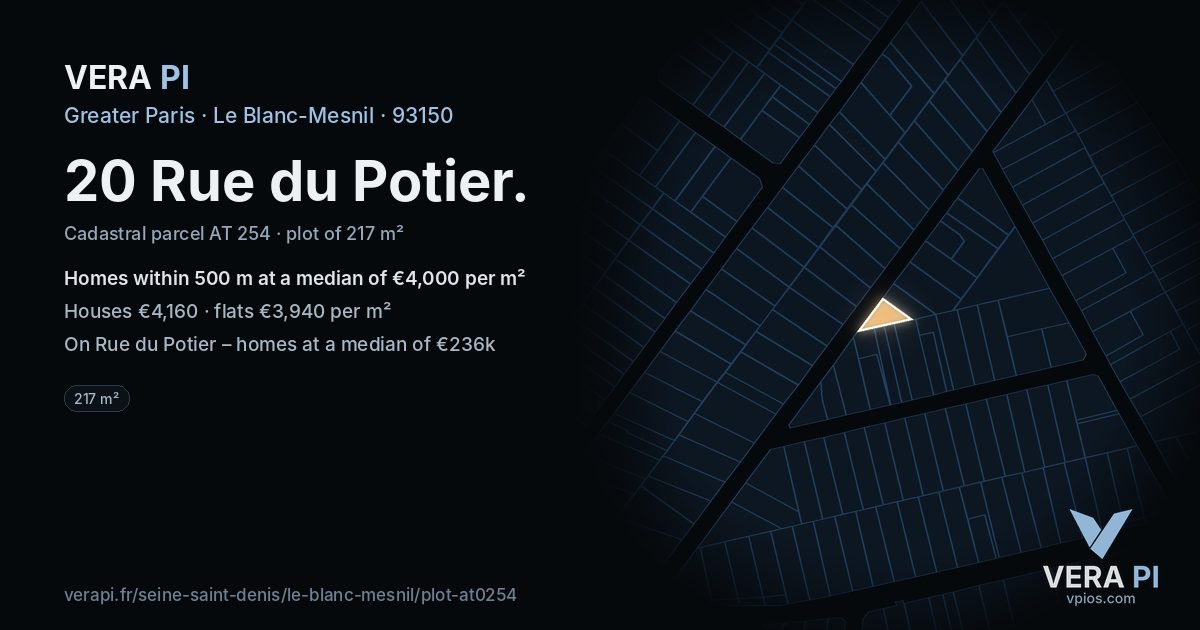 20 Rue du Potier, Le Blanc-Mesnil at night – the plot lit, the parcels around coloured by the prices near them