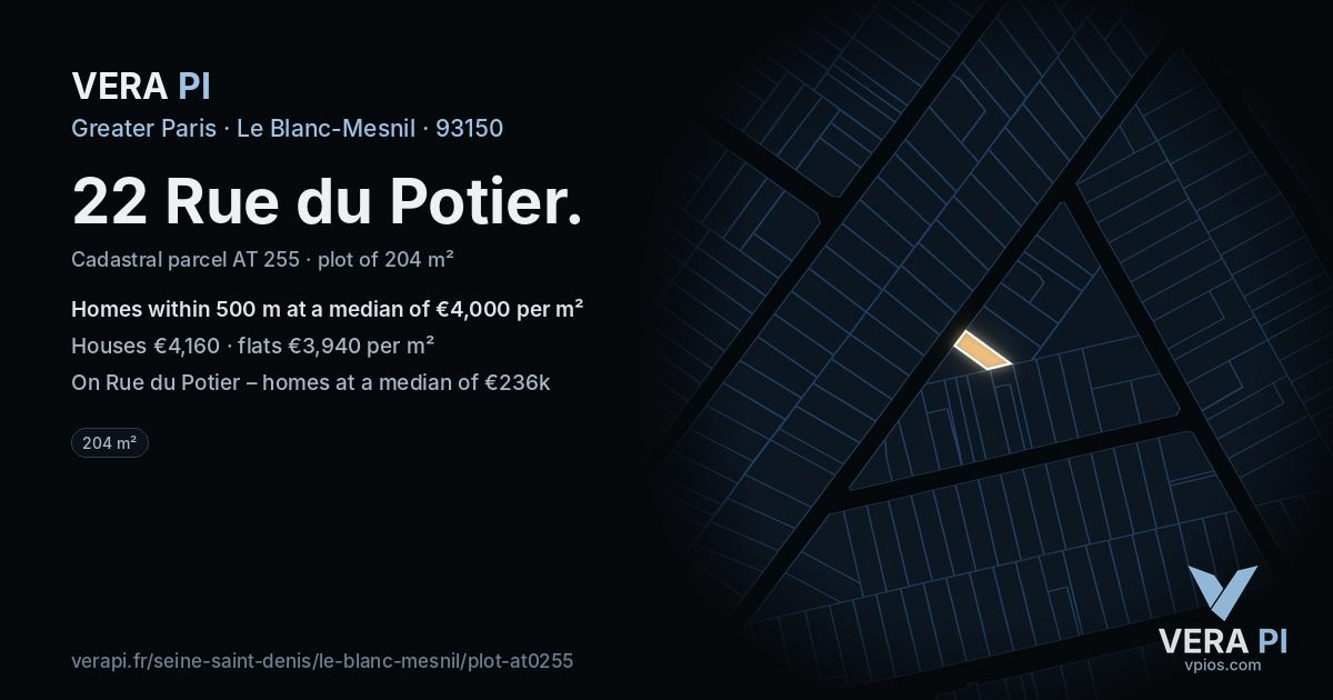 22 Rue du Potier, Le Blanc-Mesnil at night – the plot lit, the parcels around coloured by the prices near them