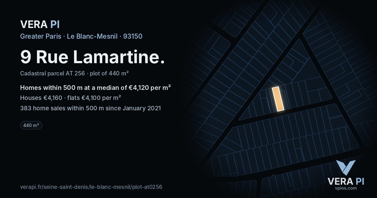 9 Rue Lamartine, Le Blanc-Mesnil at night – the plot lit, the parcels around coloured by the prices near them