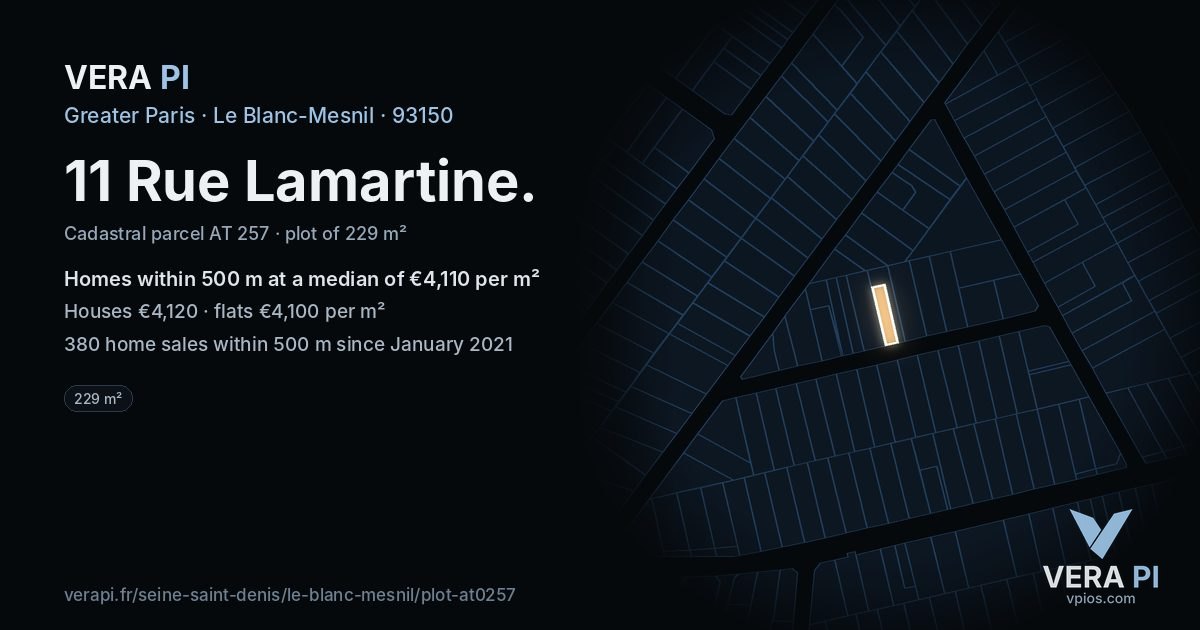 11 Rue Lamartine, Le Blanc-Mesnil at night – the plot lit, the parcels around coloured by the prices near them
